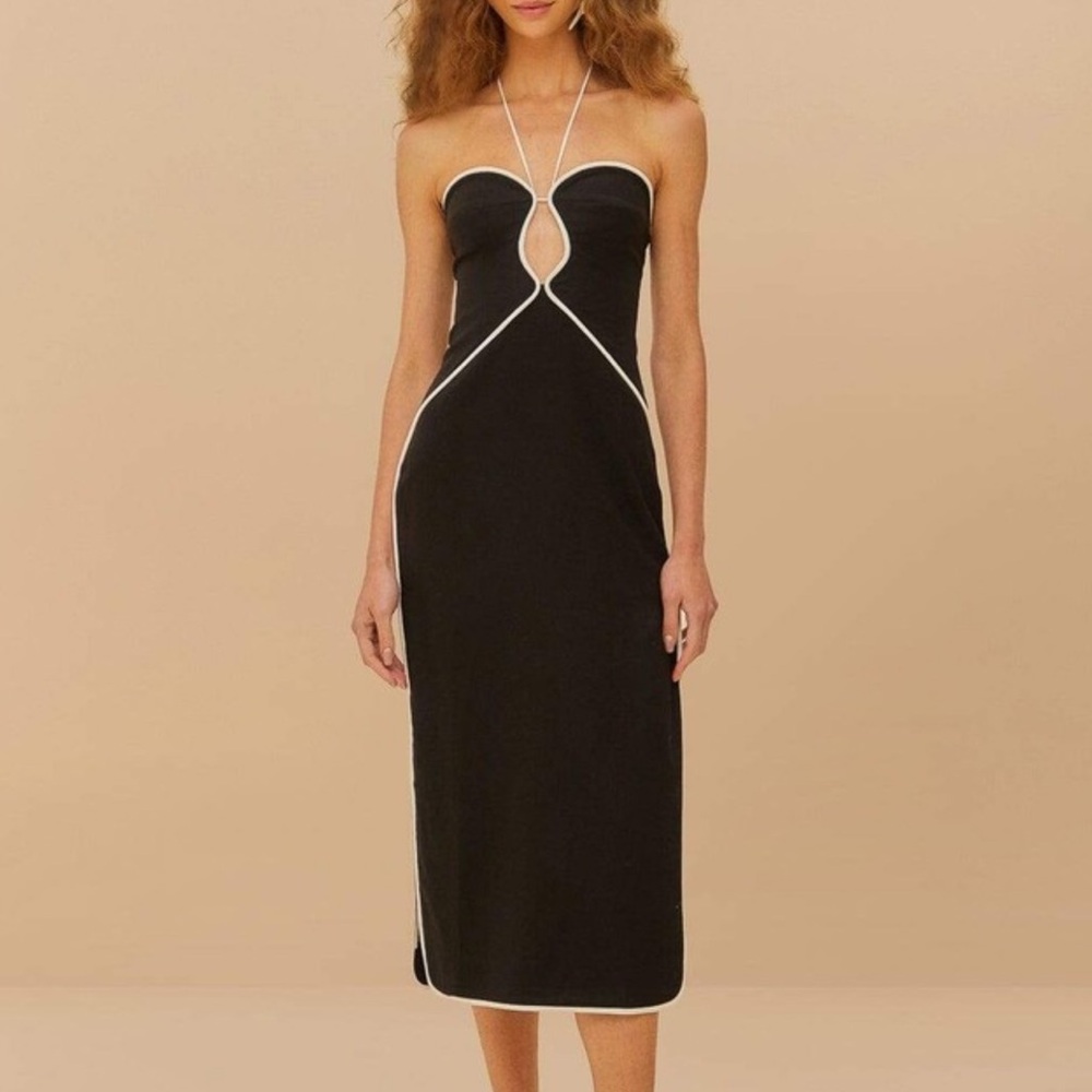 FARM RIO New - L Black White Cut Out Midi Dress  Linen Blend Halter - Picture 2 of 8